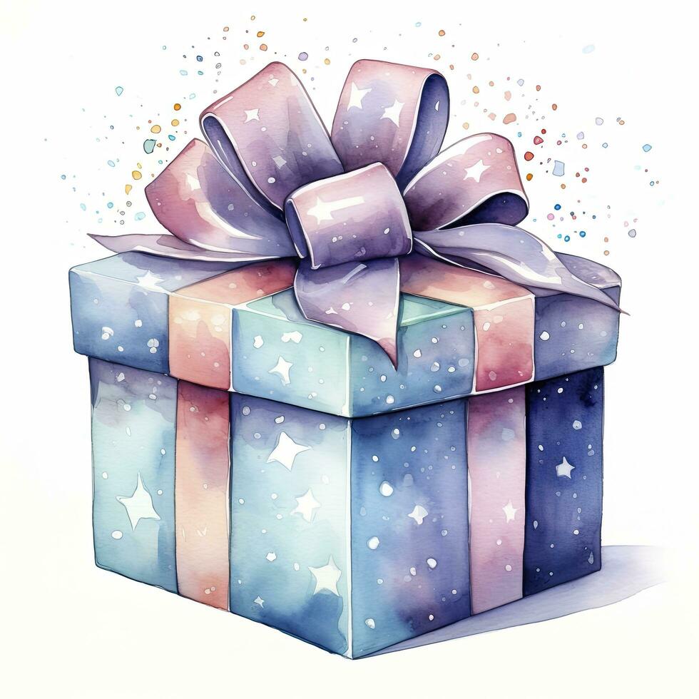 AI generated Watercolor birthday present with box and ribon isolated on white background.  AI Generated photo