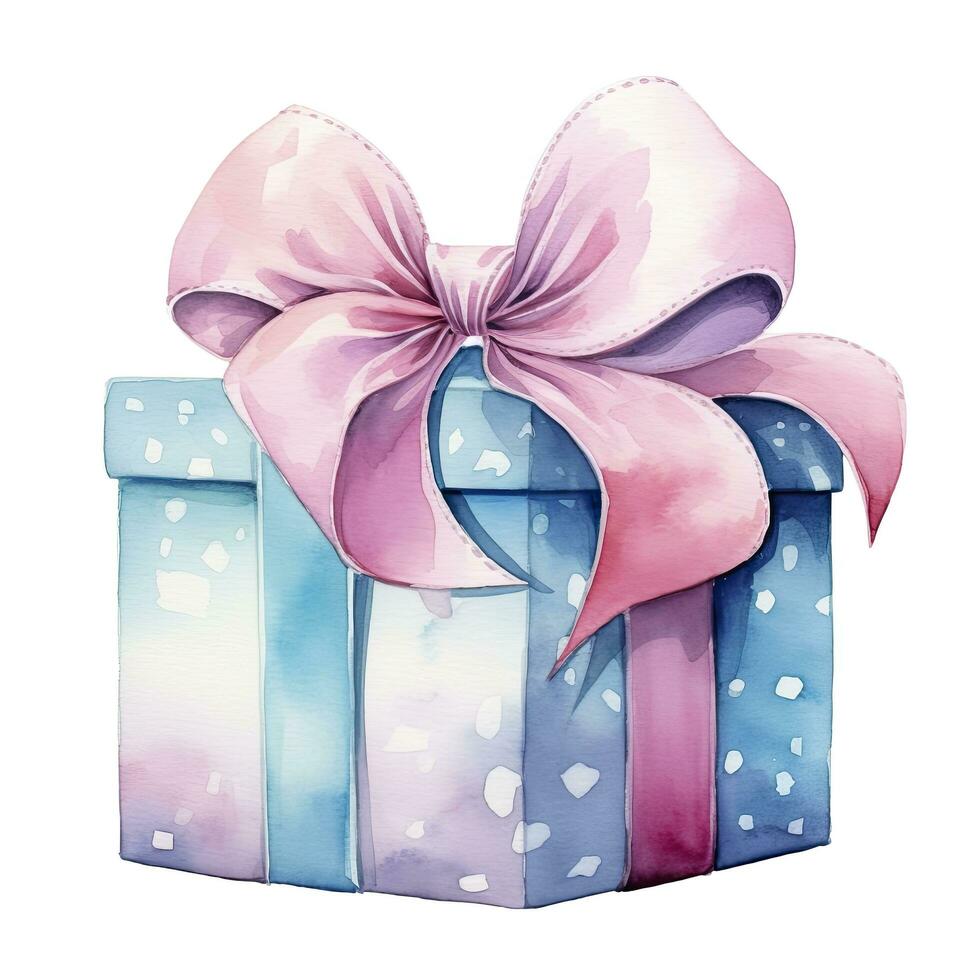 AI generated Watercolor birthday present with box and ribon isolated on white background.  AI Generated photo