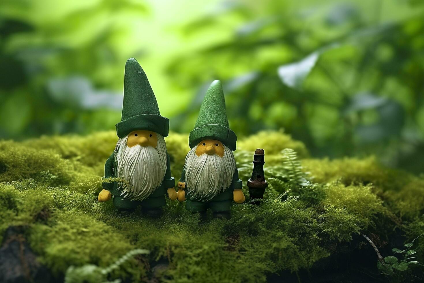 AI generated Toy Irish gnomes in a mystery forest, abstract green natural background. Generative AI photo