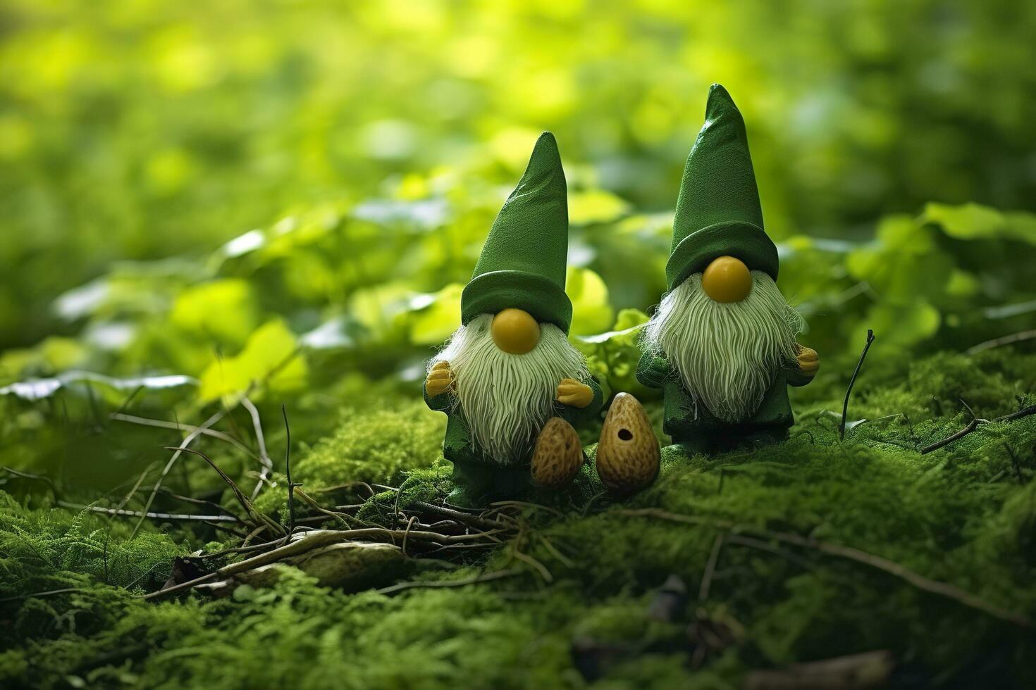 AI generated Toy Irish gnomes in a mystery forest, abstract green natural background. Generative AI photo