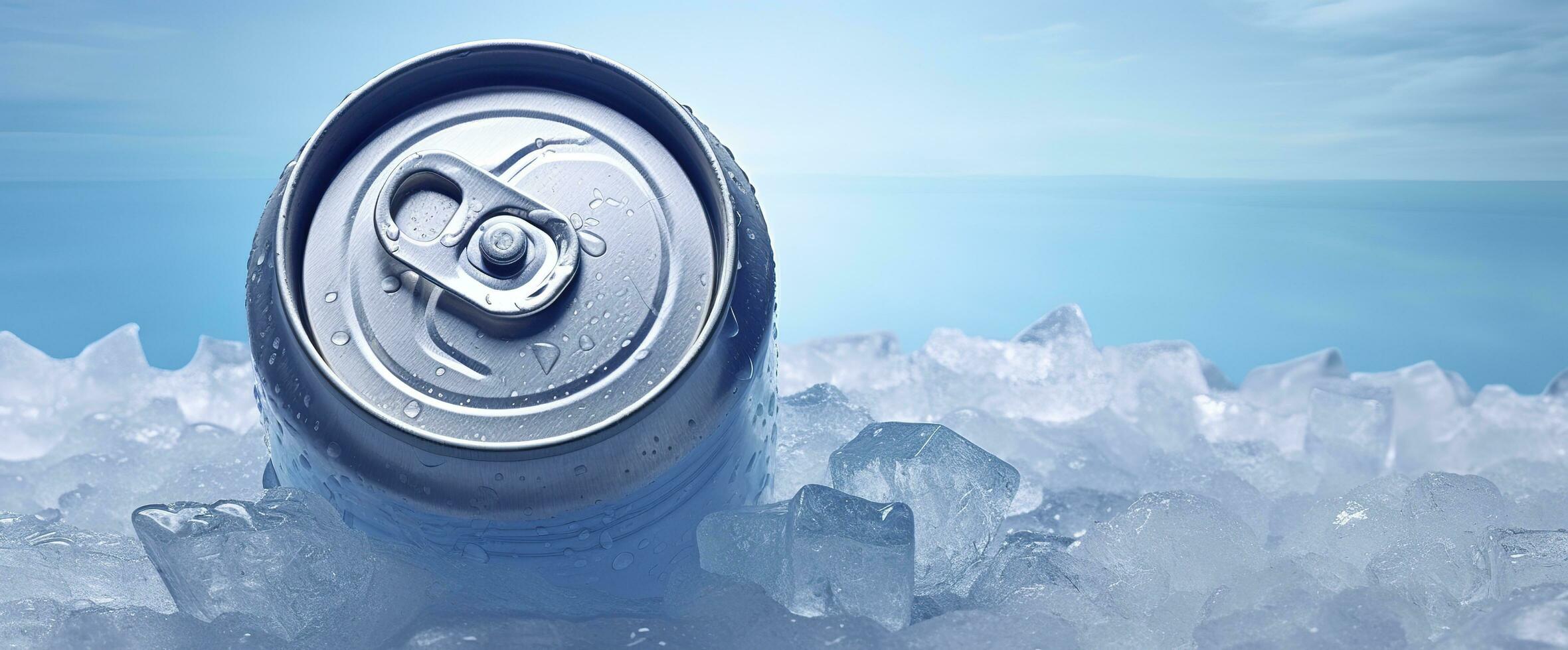 AI generated Top of drink tin can iced submerged in frost ice, metal aluminum beverage. Generative AI photo