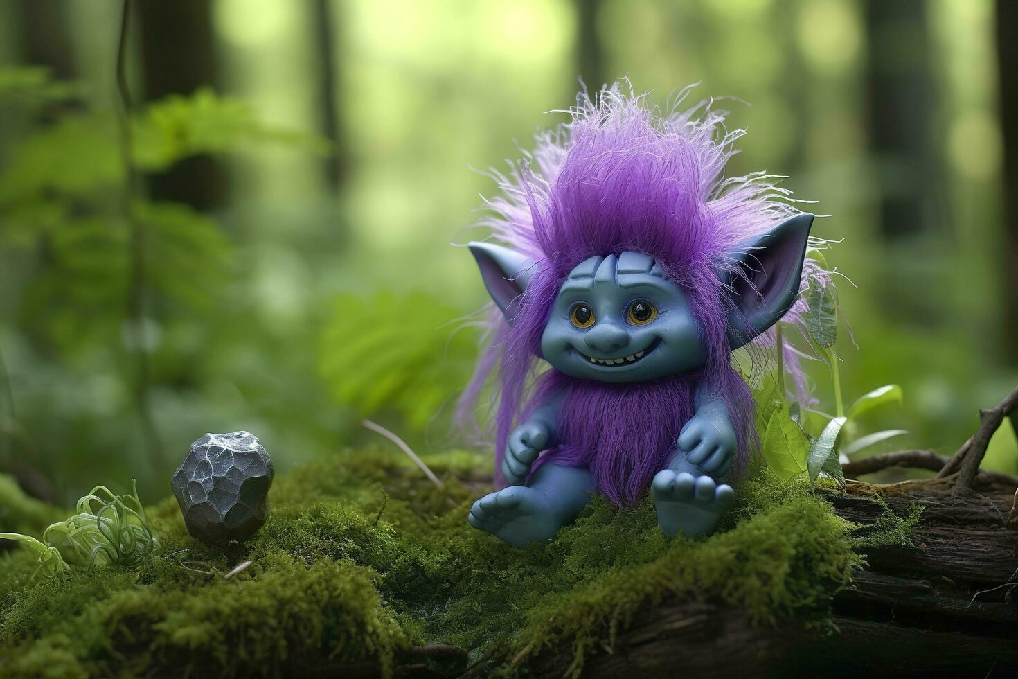 AI generated Tale troll with crystals in the forest, natural green background. Generative AI photo