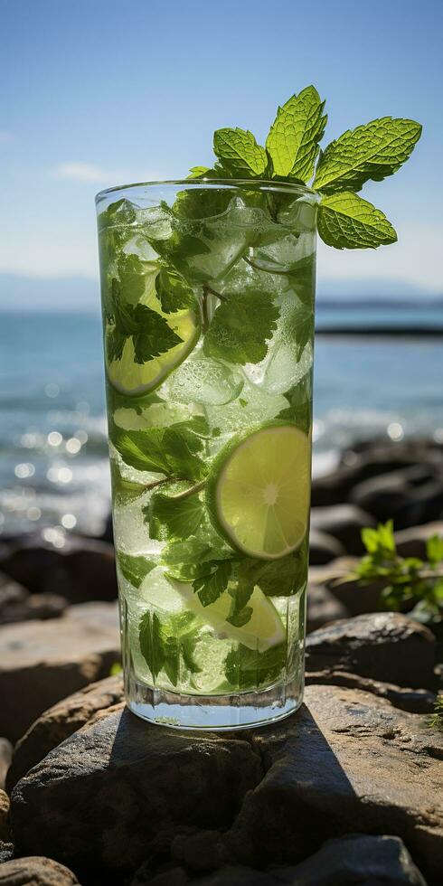 AI generated Stunning photo of cocktail mojito, a sunny summer beach in the background. Generative AI