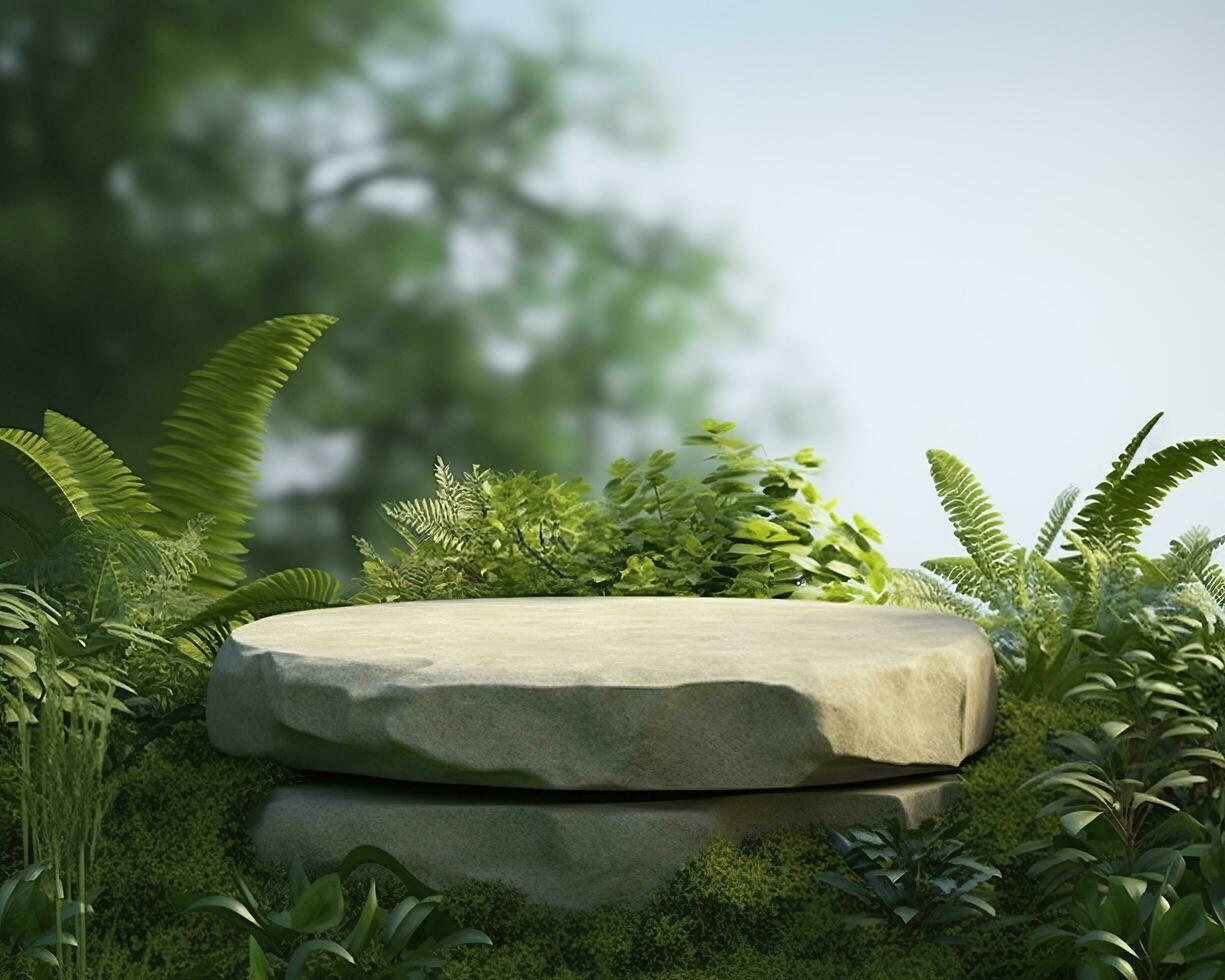 AI generated Stone product display podium for cosmetic product with green nature garden background. Generative AI photo