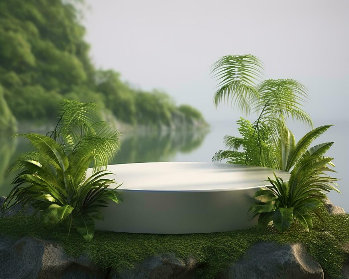 AI generated Stone product display podium for cosmetic product with green nature garden background. Generative AI photo