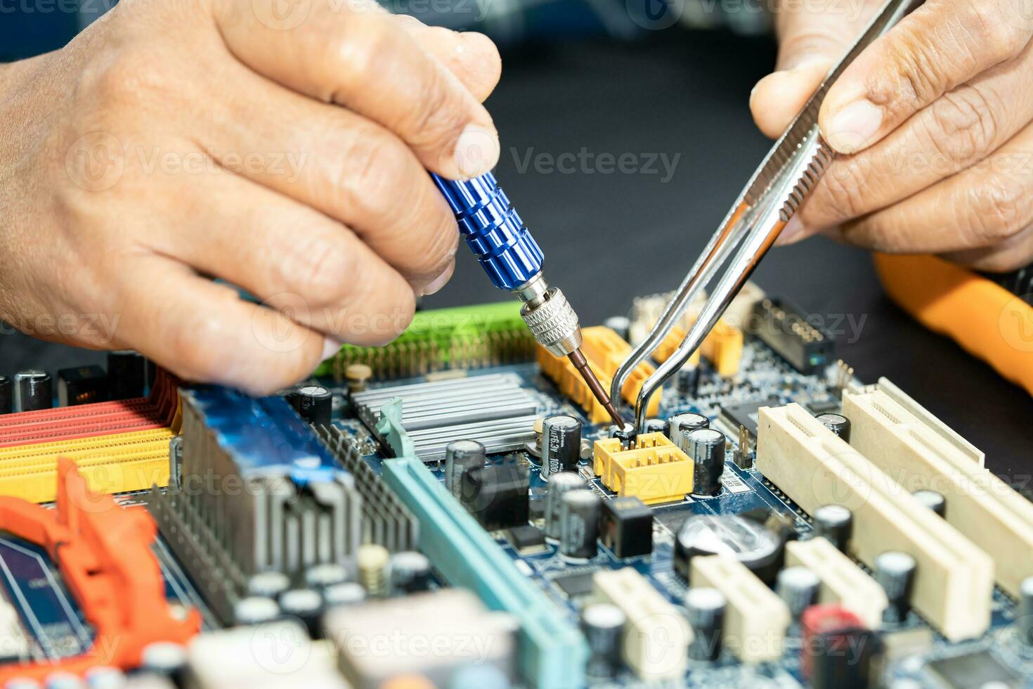 Repairing and upgrade circuit mainboard of notebook, electronic, computer hardware and technology concept. photo