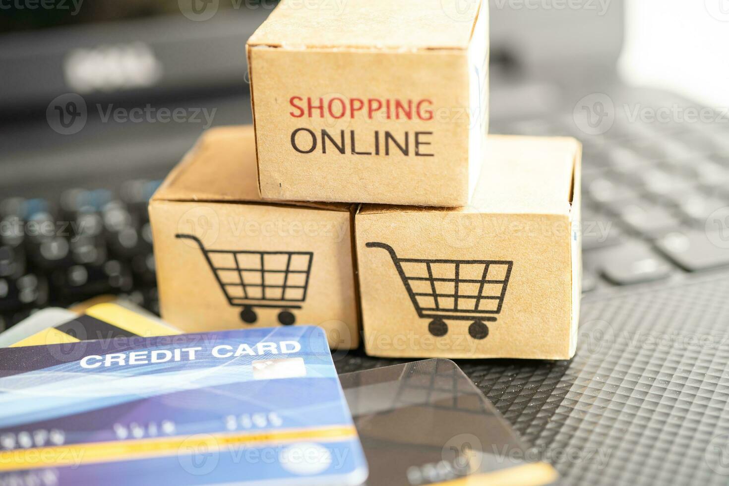 Shopping cart logo on box with credit card. Banking Account, Investment Analytic research data economy, trading, Business import export transportation online company. photo