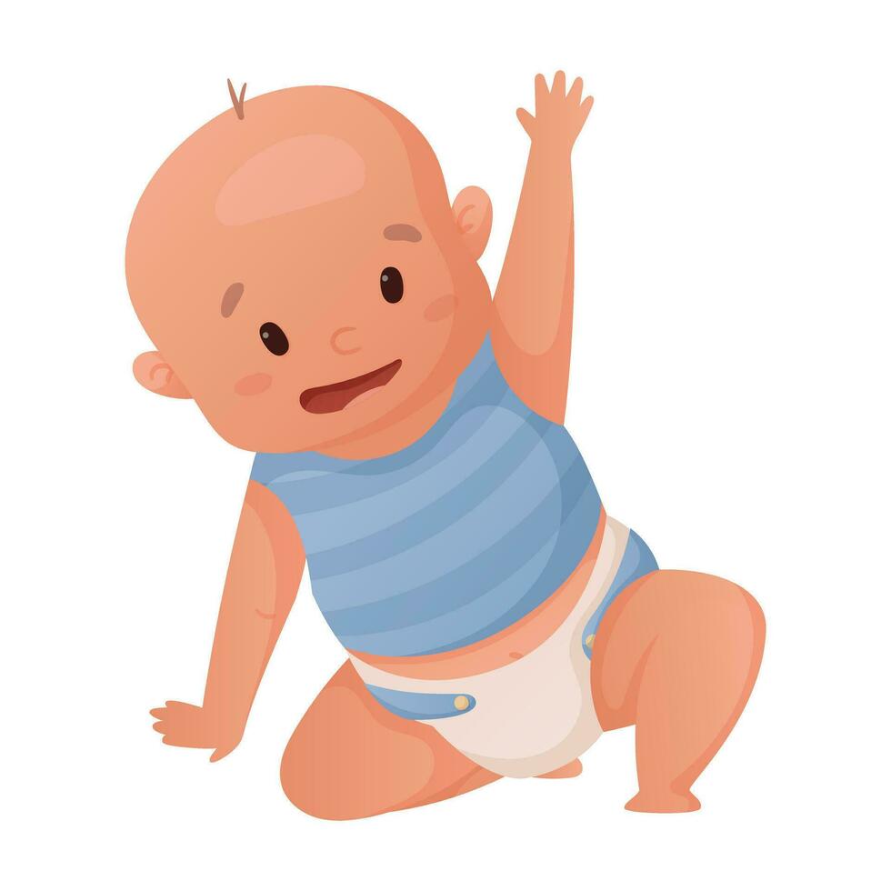 Vector illustration of a newborn baby boy in a diaper sitting or crawling, isolated on white.