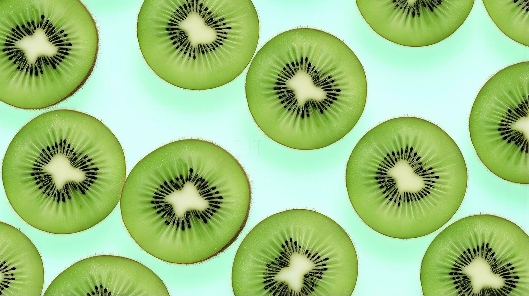 ai generado rebanadas de kiwi Fruta y verde menta hojas en un ligero pastel azul antecedentes. ai generado foto