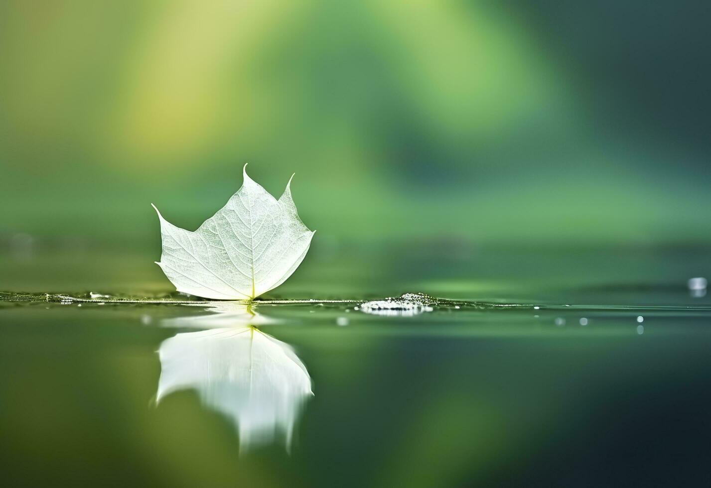 ai generado blanco transparente hoja en espejo superficie con reflexión en verde antecedentes macro. generativo ai foto