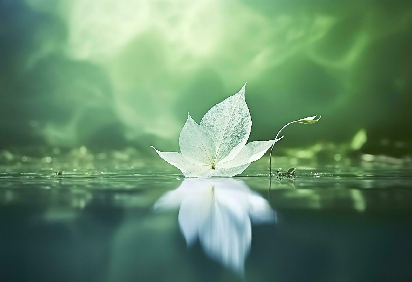 AI generated White transparent leaf on mirror surface with reflection on green background macro. Generative AI photo