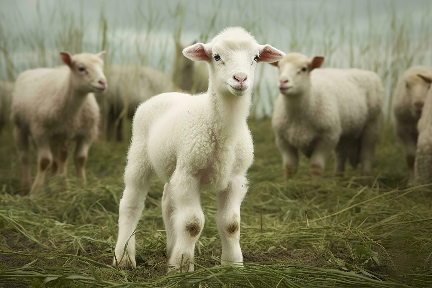 AI generated White lamb in a field in front of other animals. Generative AI photo