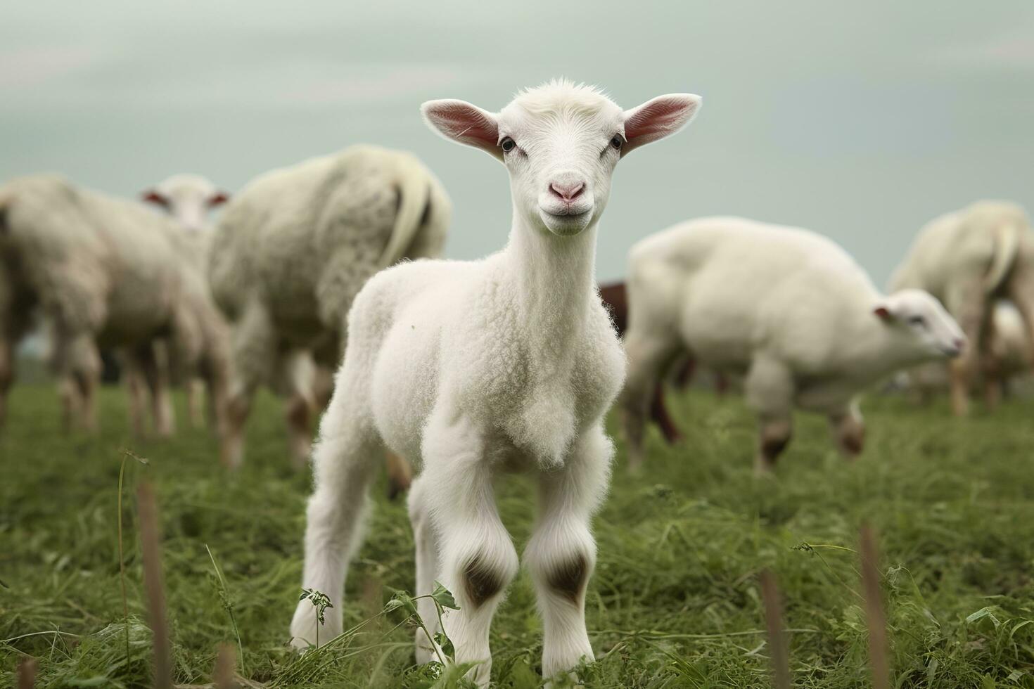 ai generado blanco Cordero en un campo en frente de otro animales generativo ai foto