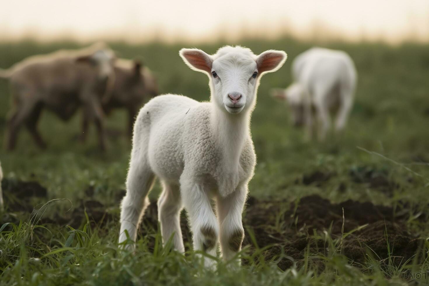 AI generated White lamb in a field in front of other animals. Generative AI photo