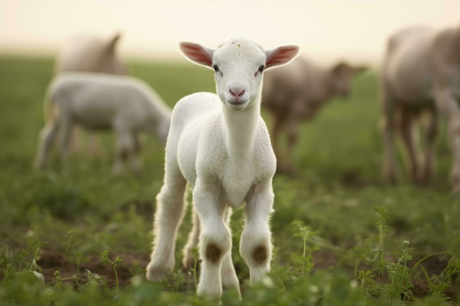 AI generated White lamb in a field in front of other animals. Generative AI photo