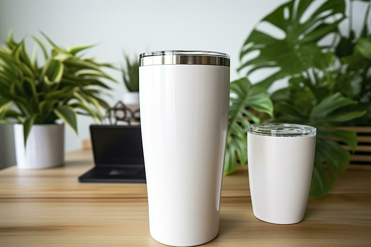 AI generated White stainless steel sublimation blank tumblers with straw, product shot. Generative AI photo