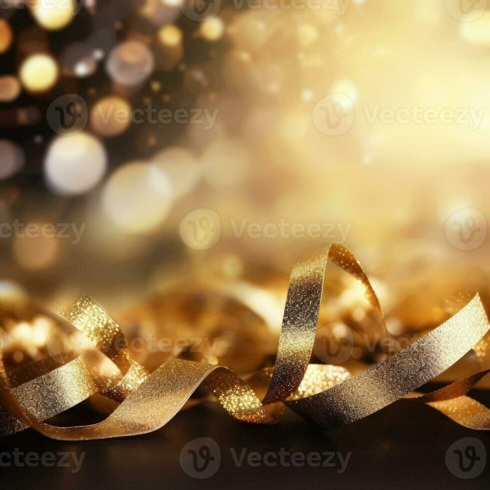 AI generated Golden blurred background with a bokeh effect, confetti, and golden ribbons. An abstract luxurious festive backdrop. Generative ai. photo