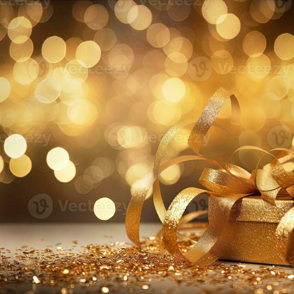 AI generated Golden blurred background with a bokeh effect, confetti, and golden ribbons. An abstract luxurious festive backdrop. Generative ai. photo