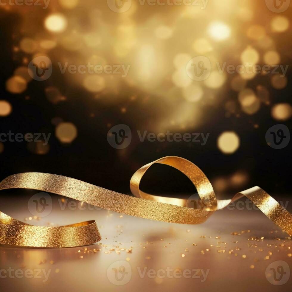 AI generated Golden blurred background with a bokeh effect, confetti, and golden ribbons. An abstract luxurious festive backdrop. Generative ai. photo