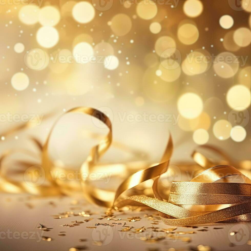 AI generated Golden blurred background with a bokeh effect, confetti, and golden ribbons. An abstract luxurious festive backdrop. Generative ai. photo