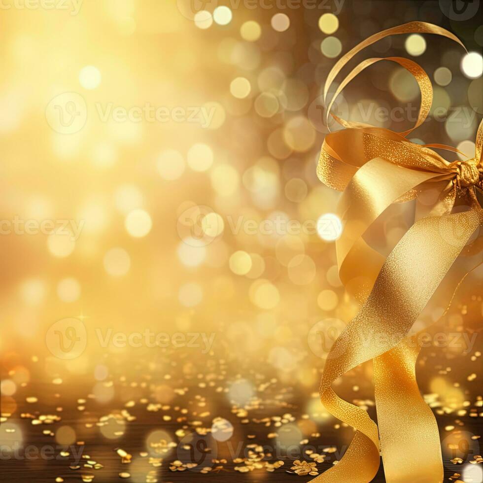 AI generated Golden blurred background with a bokeh effect, confetti, and golden ribbons. An abstract luxurious festive backdrop. Generative ai. photo