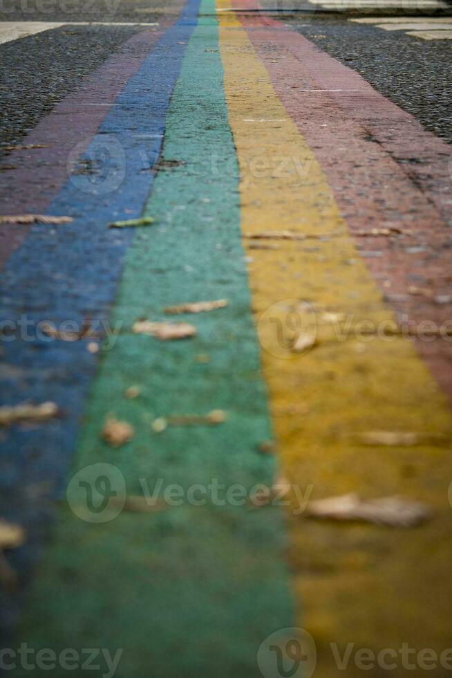 Closeup shot of rainbow colored zebra crossing indicating equal rights for lbgtq community photo