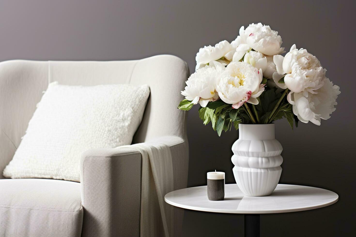 AI generated Vase of white peonies with coffee table and armchair near grey wall. Generative AI photo