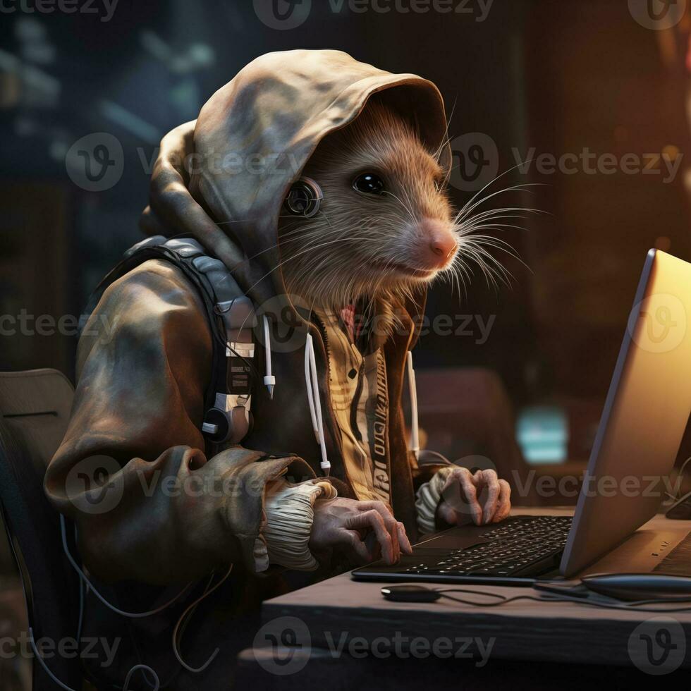 AI generated Hunched over, the rat hacker contemplates a virtual coup, eyes gleaming with cunning intent in the computer screen's glow. photo