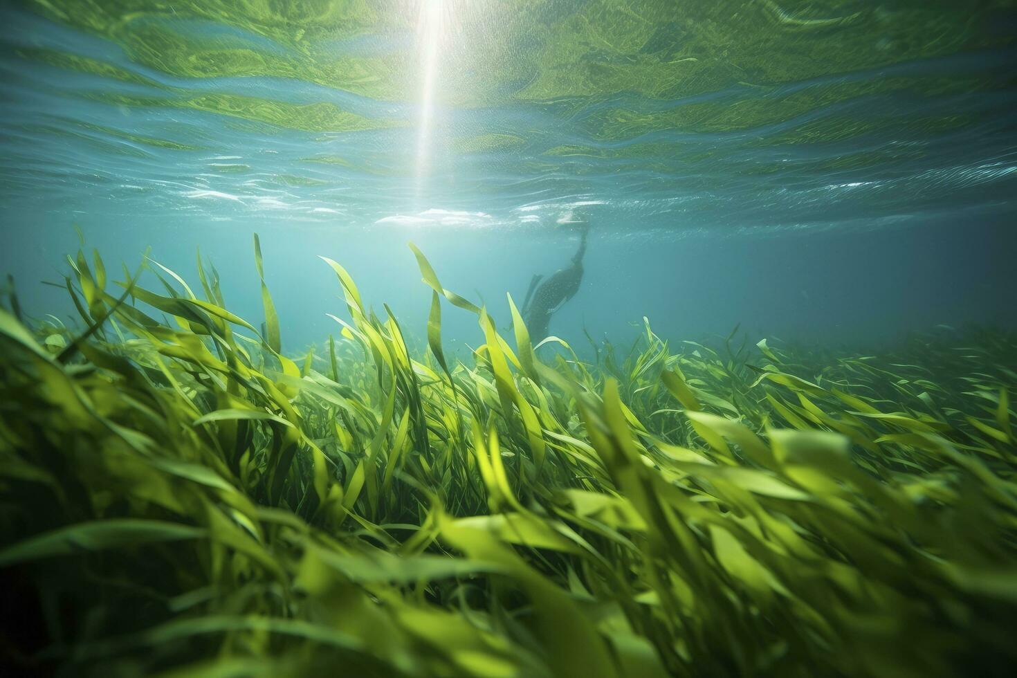 AI generated Underwater view of a group of seabed with green seagrass. AI Generated photo