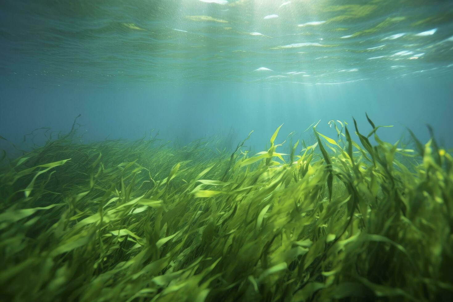 AI generated Underwater view of a group of seabed with green seagrass. AI Generated photo