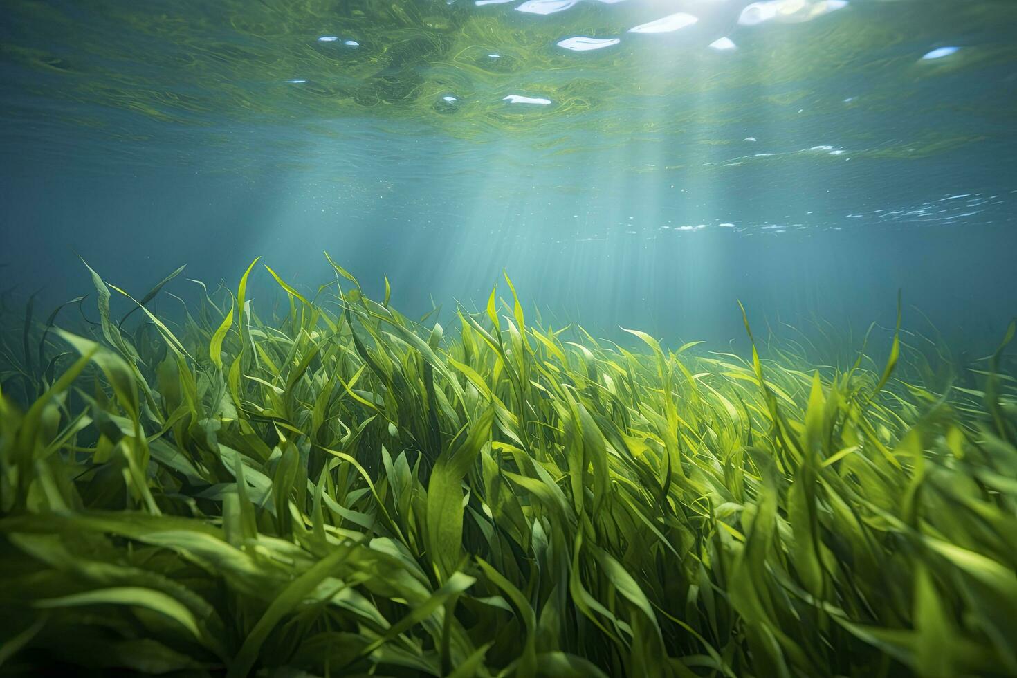 AI generated Underwater view of a group of seabed with green seagrass. AI Generated photo