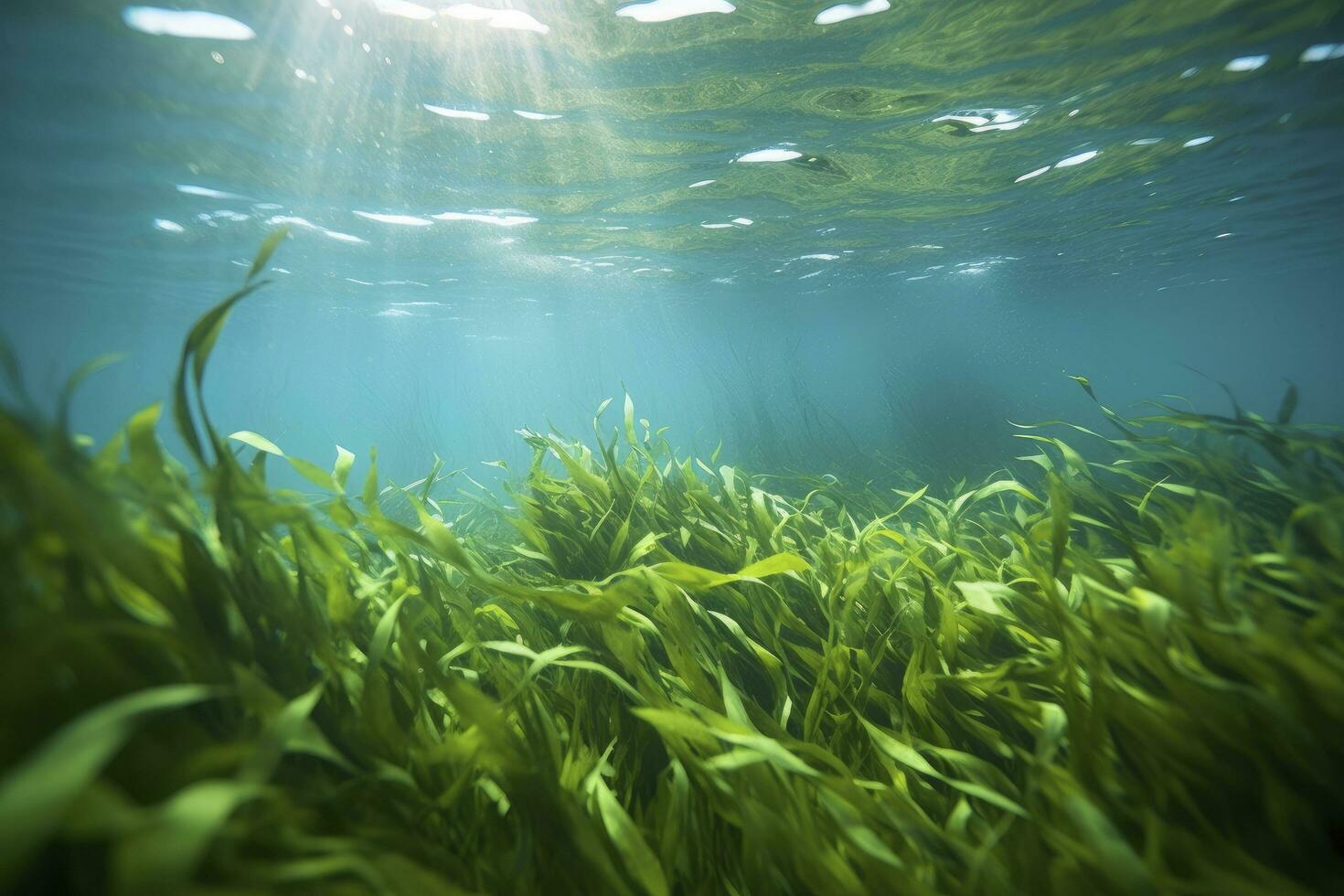 AI generated Underwater view of a group of seabed with green seagrass. AI Generated photo