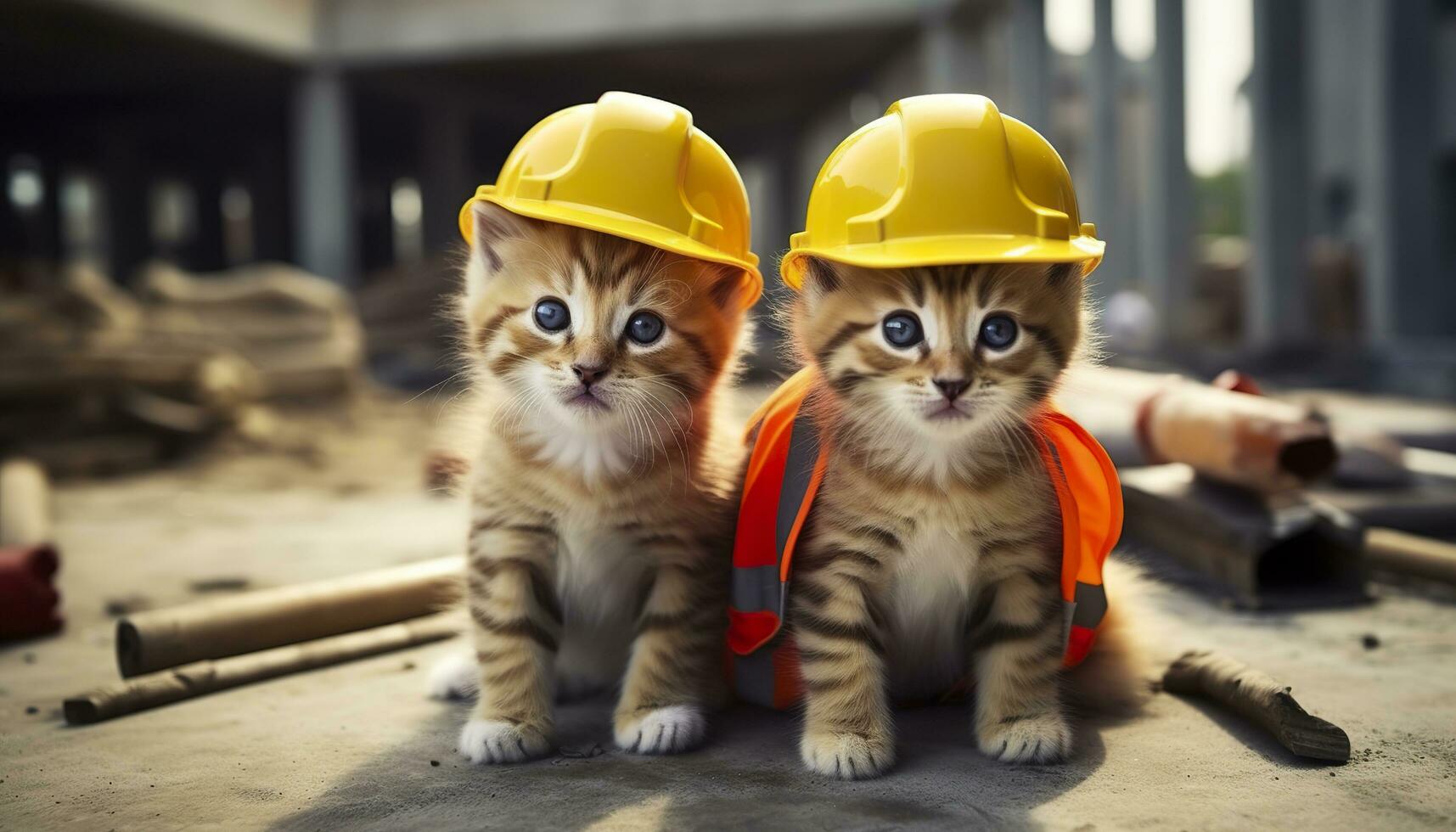 ai generado dos gatitos vistiendo difícil sombreros en un construcción sitio. generativo ai foto