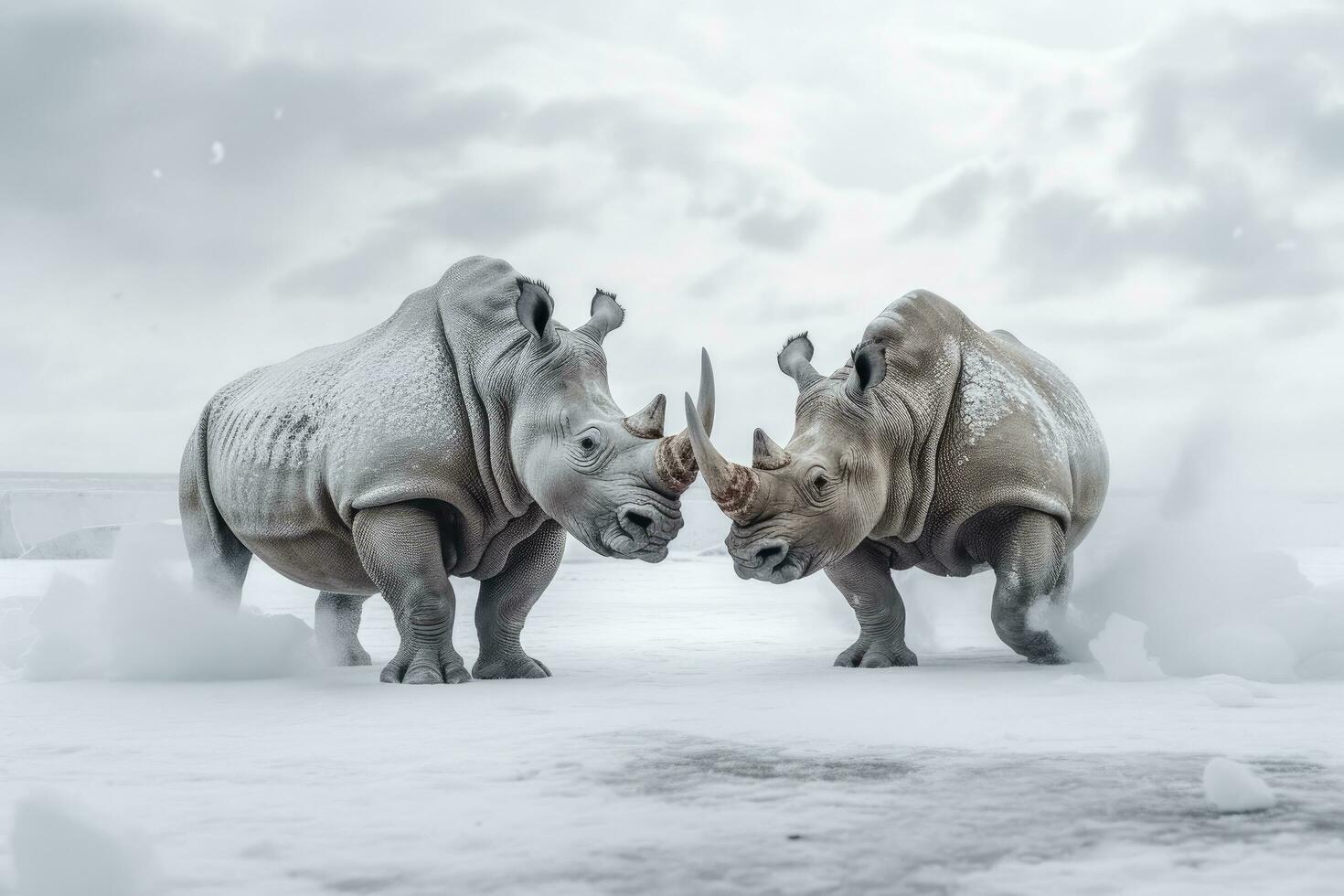 ai generado dos rinoceronte consiguiendo Listo para lucha en hielo. ai generado foto