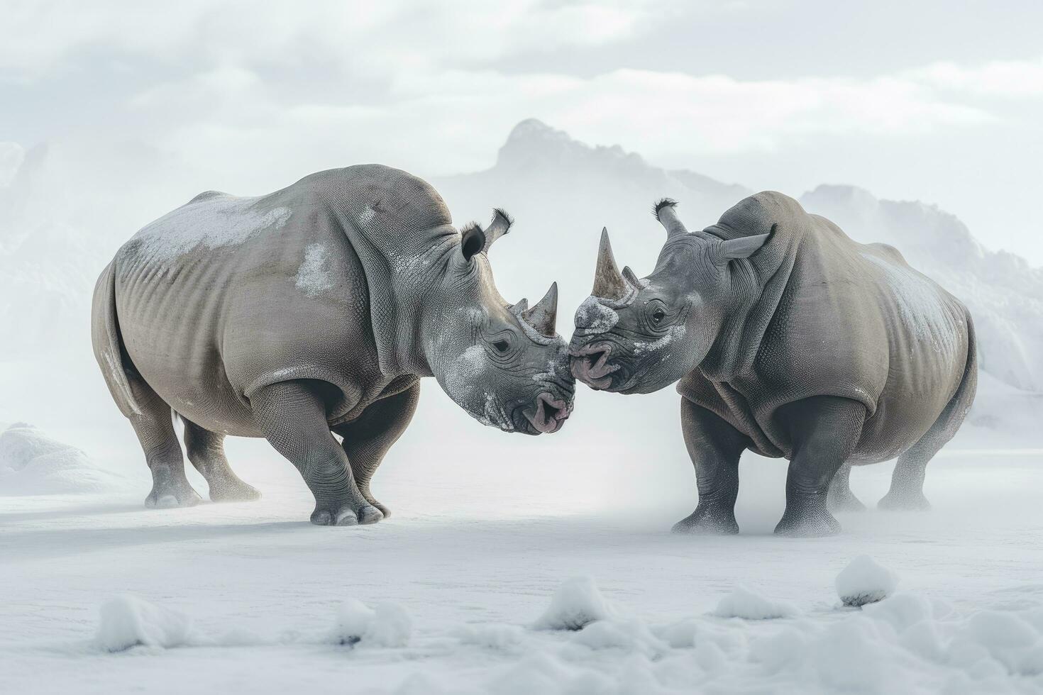 AI generated Two Rhinoceros getting ready for fight on Ice. AI Generated photo