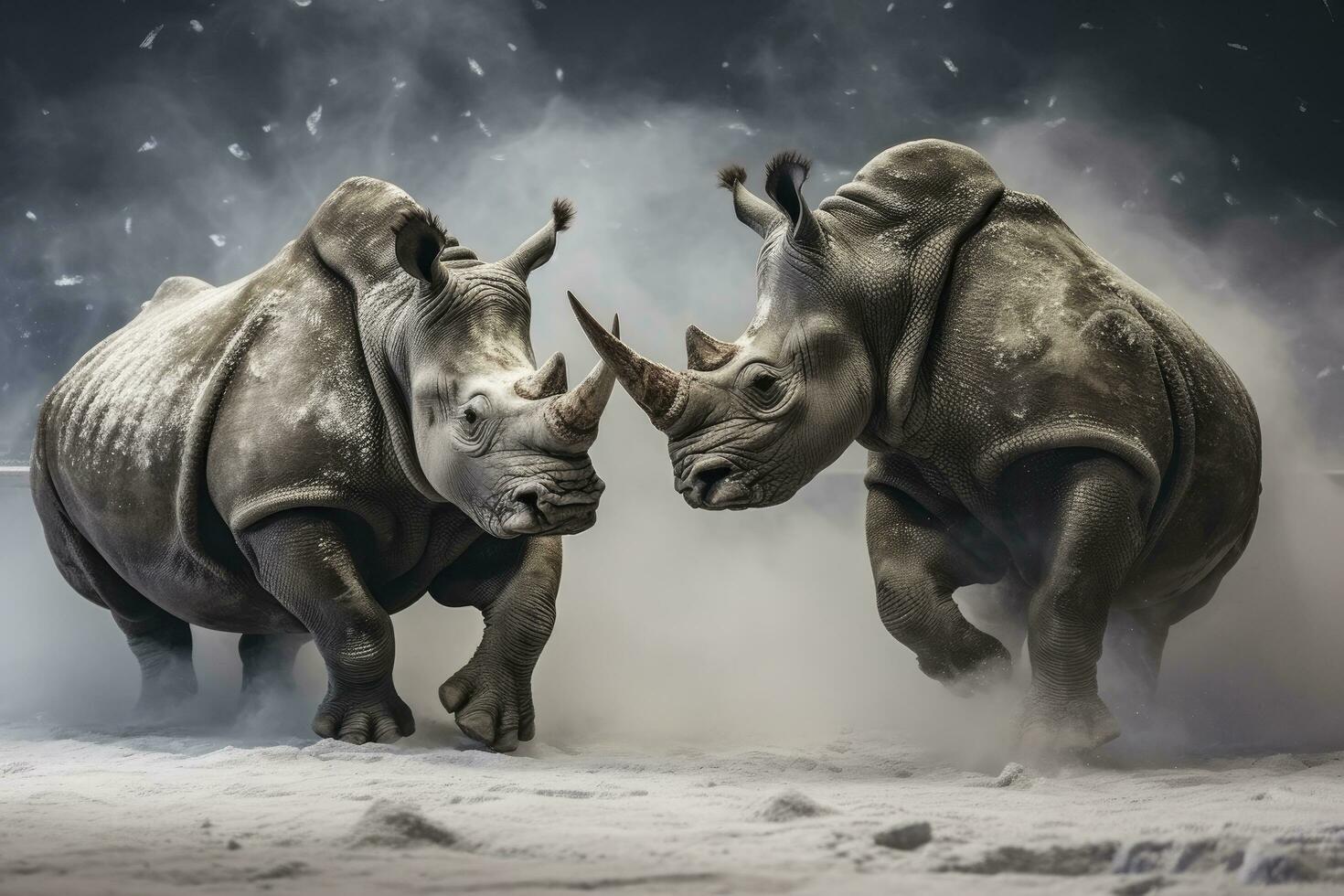 AI generated Two Rhinoceros getting ready for fight on Ice. AI Generated photo