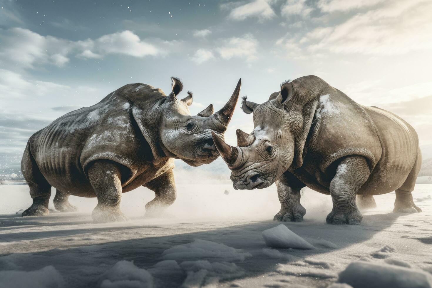 AI generated Two Rhinoceros getting ready for fight on Ice. AI Generated photo