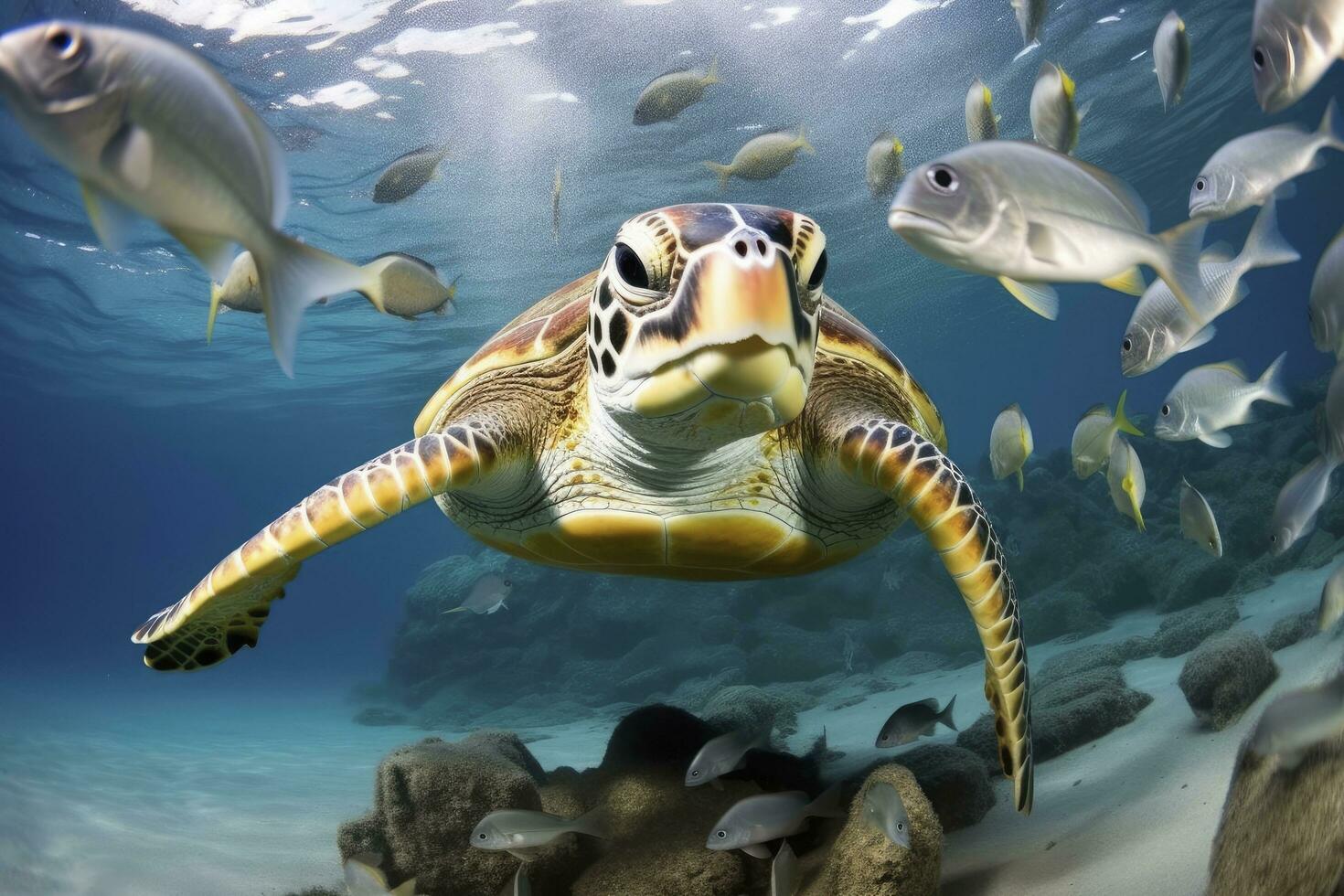 AI generated Turtle closeup with school of fish. AI Generated photo