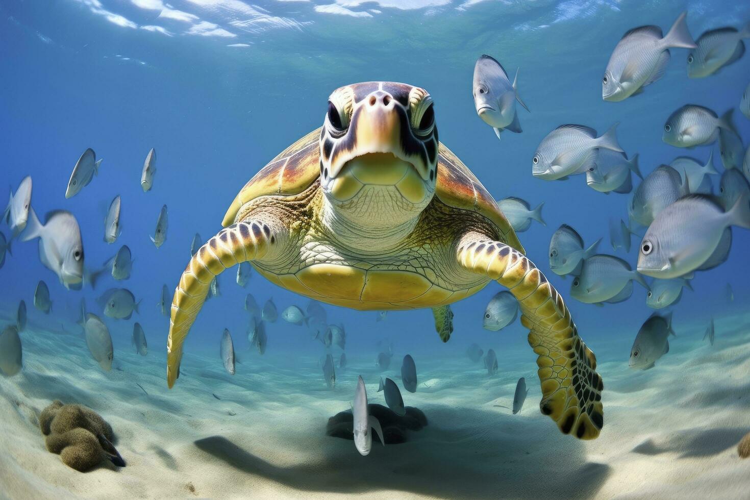 AI generated Turtle closeup with school of fish. AI Generated photo