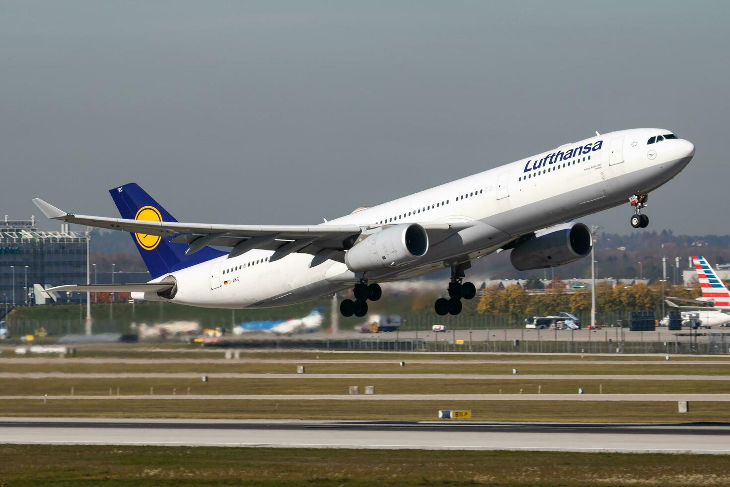 Lufthansa passenger plane at airport. Schedule flight travel. Aviation and aircraft. Air transport. Global international transportation. Fly and flying. photo