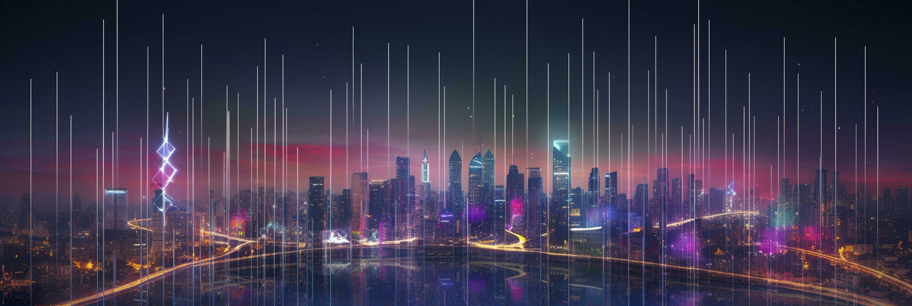 AI generated Smart city and abstract dot points connect with gradient lines and aesthetic Intricate wave line design, big data connection technology concept. AI Generated photo