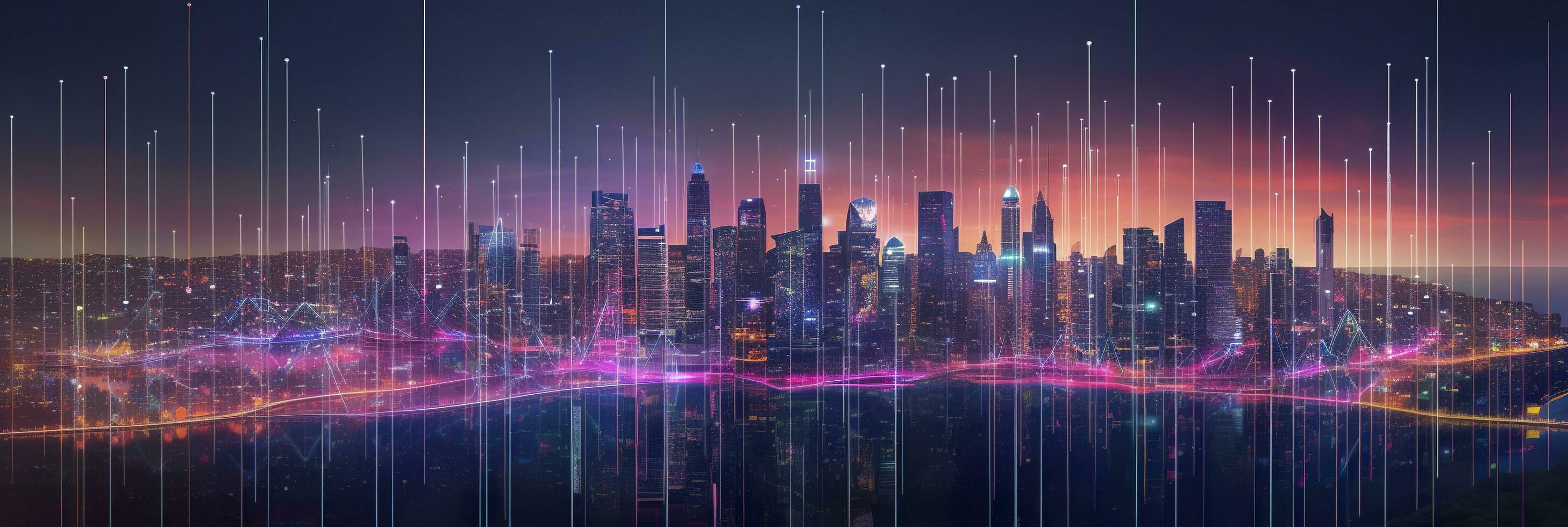 AI generated Smart city and abstract dot points connect with gradient lines and aesthetic Intricate wave line design, big data connection technology concept. AI Generated photo