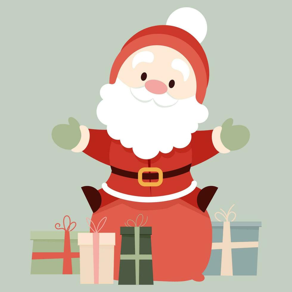 Cute flat character Santa Claus sitting on a sack with Christmas gifts vector