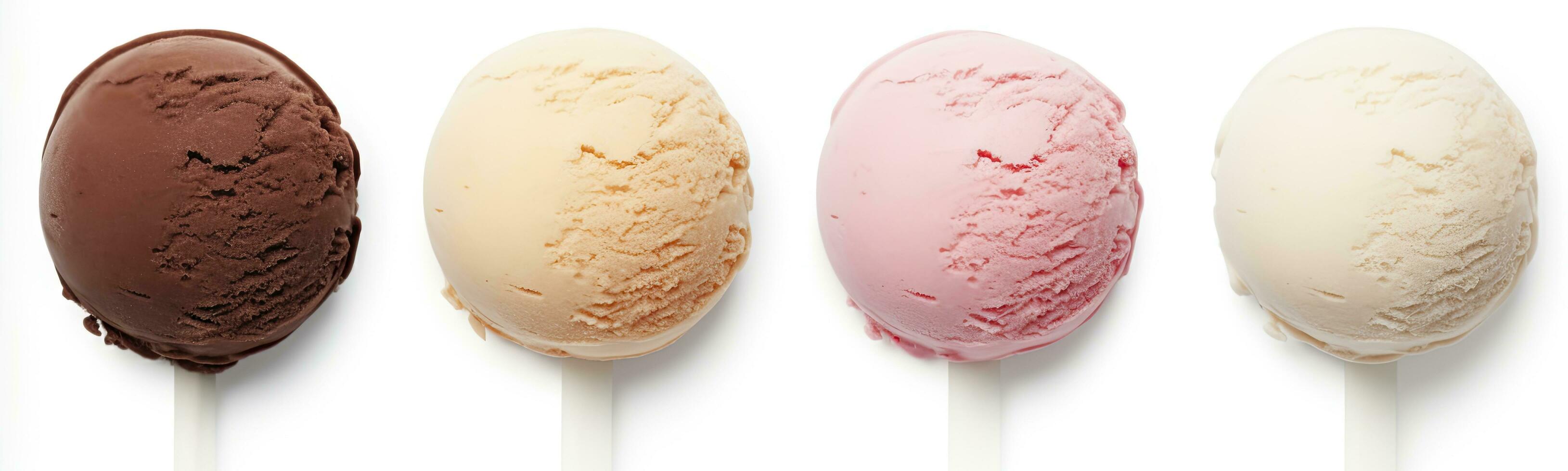 AI generated Set of four various ice cream balls or scoops isolated on white background. AI Generated photo