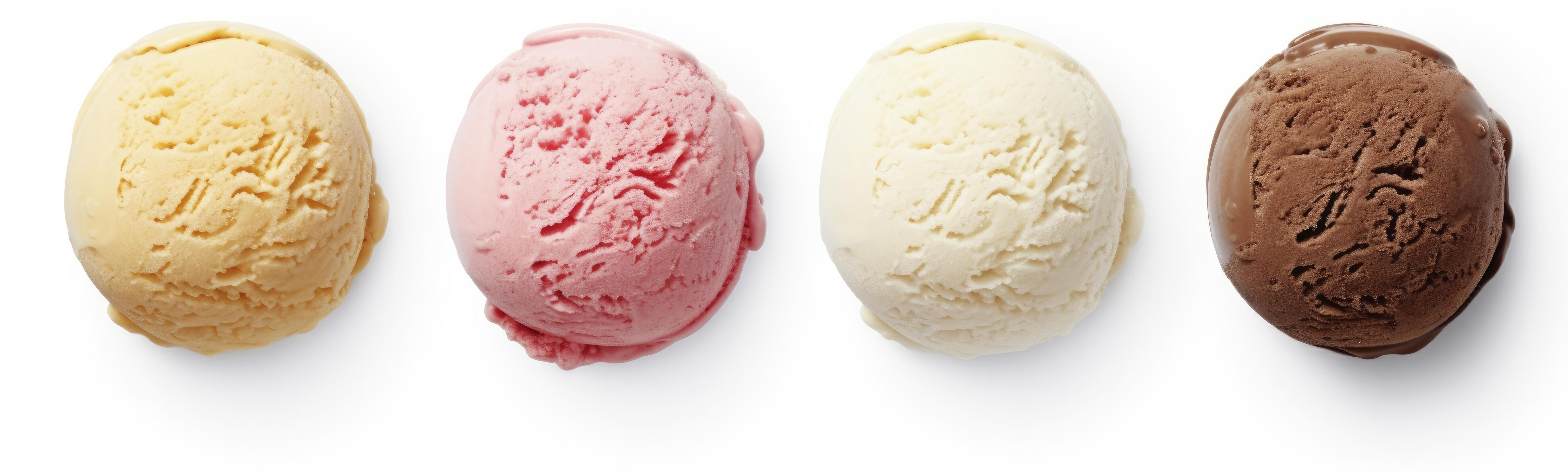 AI generated Set of four various ice cream balls or scoops isolated on