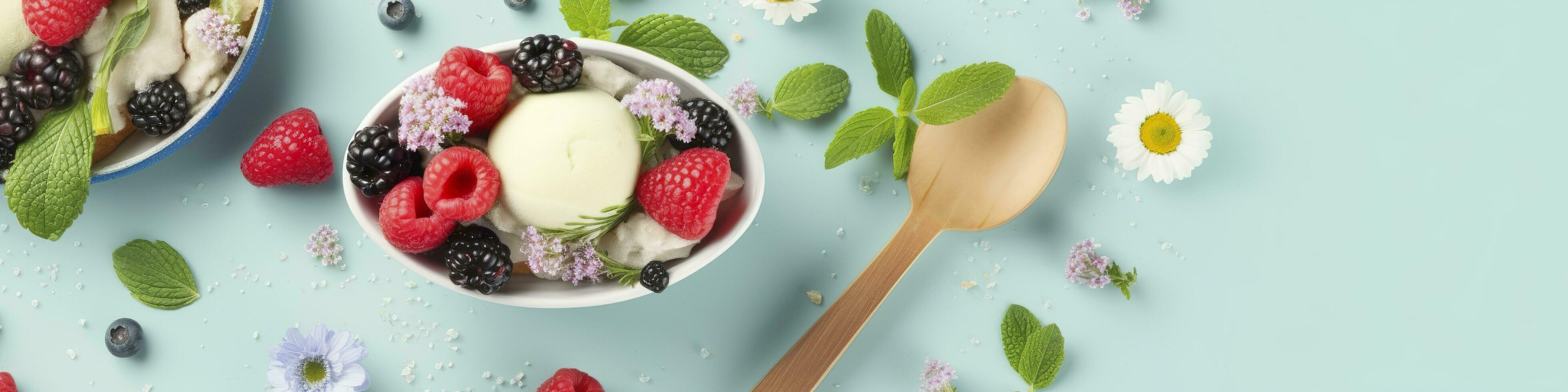AI generated Scoops of Vanilla, mint leaves in a glass bowl, sprinkles, berries, and flowers. Generative AI photo