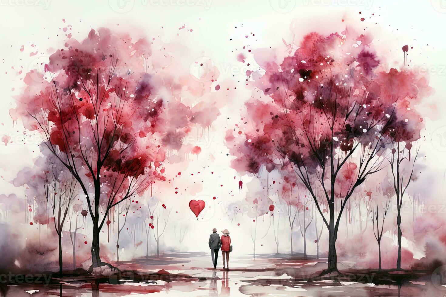 AI generated Valentines Day pink watercolor landscape background. Ai generative art photo