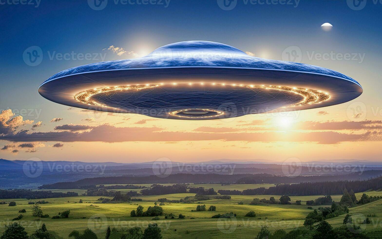 AI generated an alien spaceship flying over a field photo