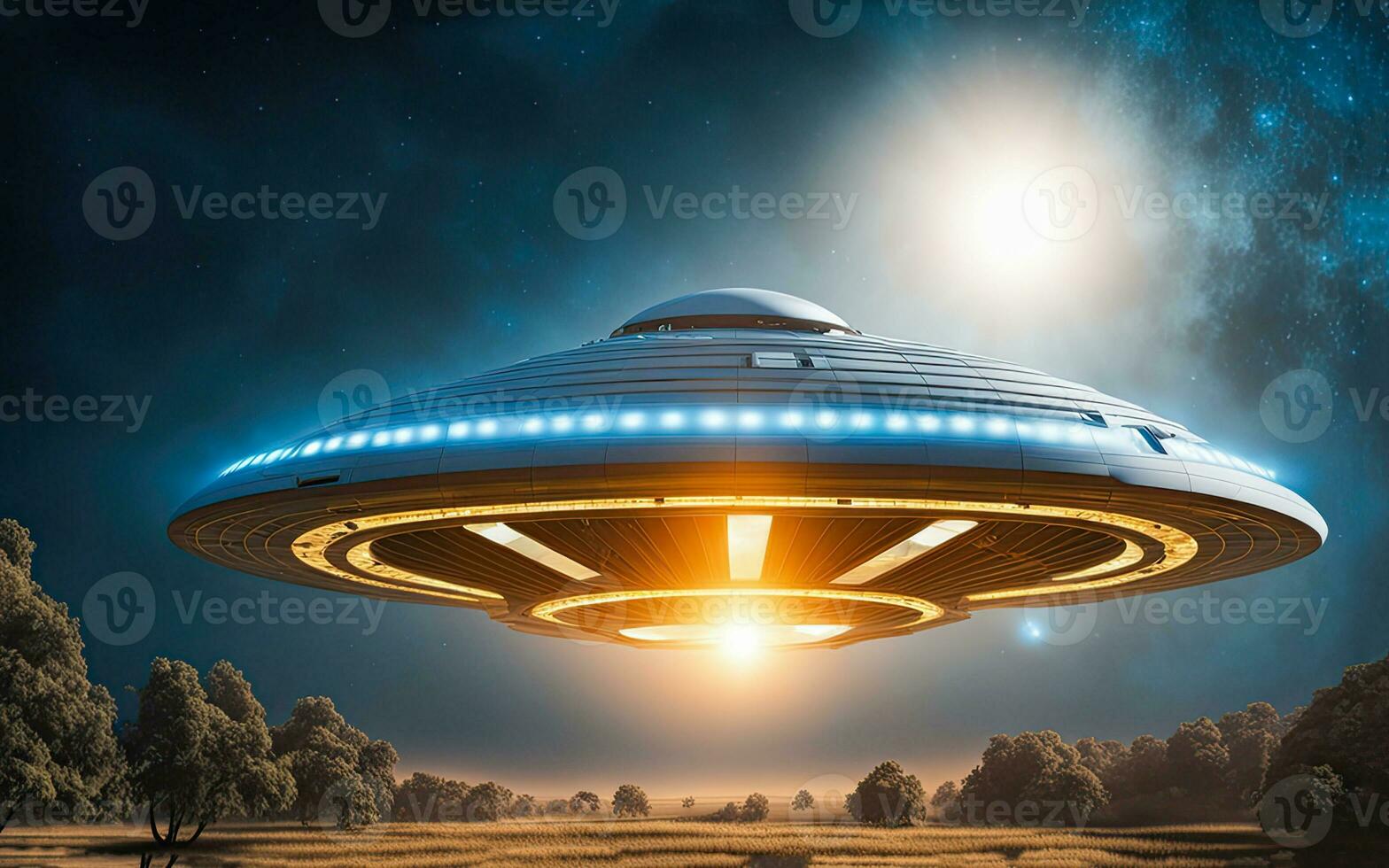 AI generated an alien spaceship flying over a field photo