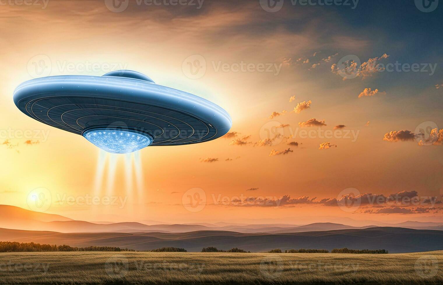 AI generated an alien spaceship flying over a field photo